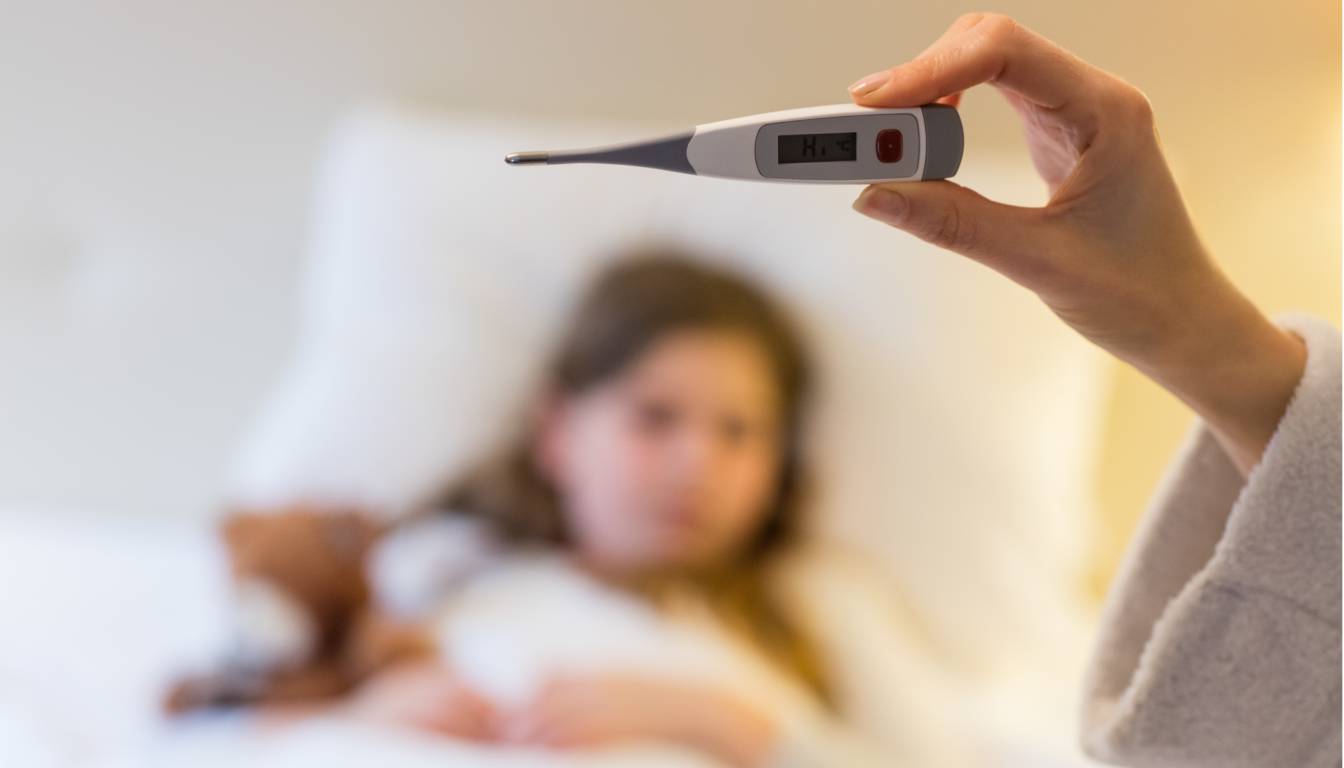 A thermometer displaying a high temperature with a person in the background who appears to have a fever.