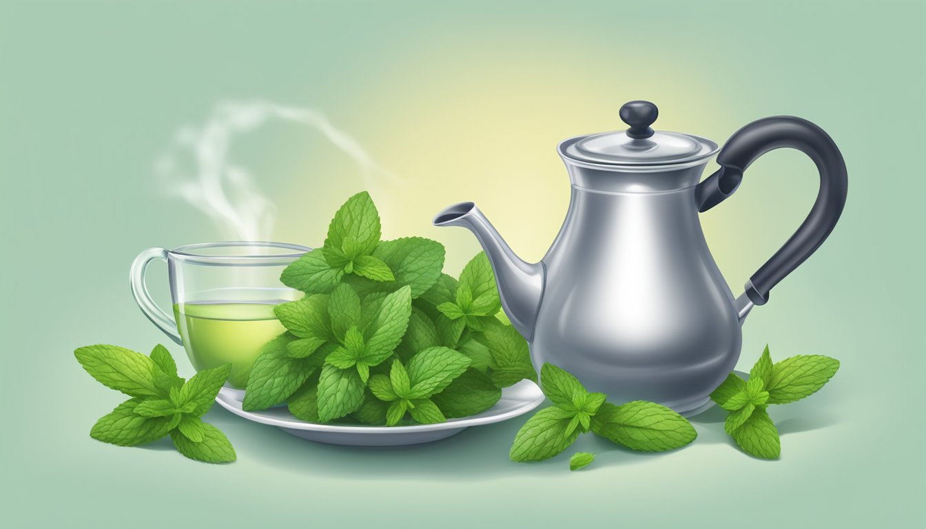 A steaming cup of herbal tea with fresh green mint leaves and a modern teapot on a serene green background.