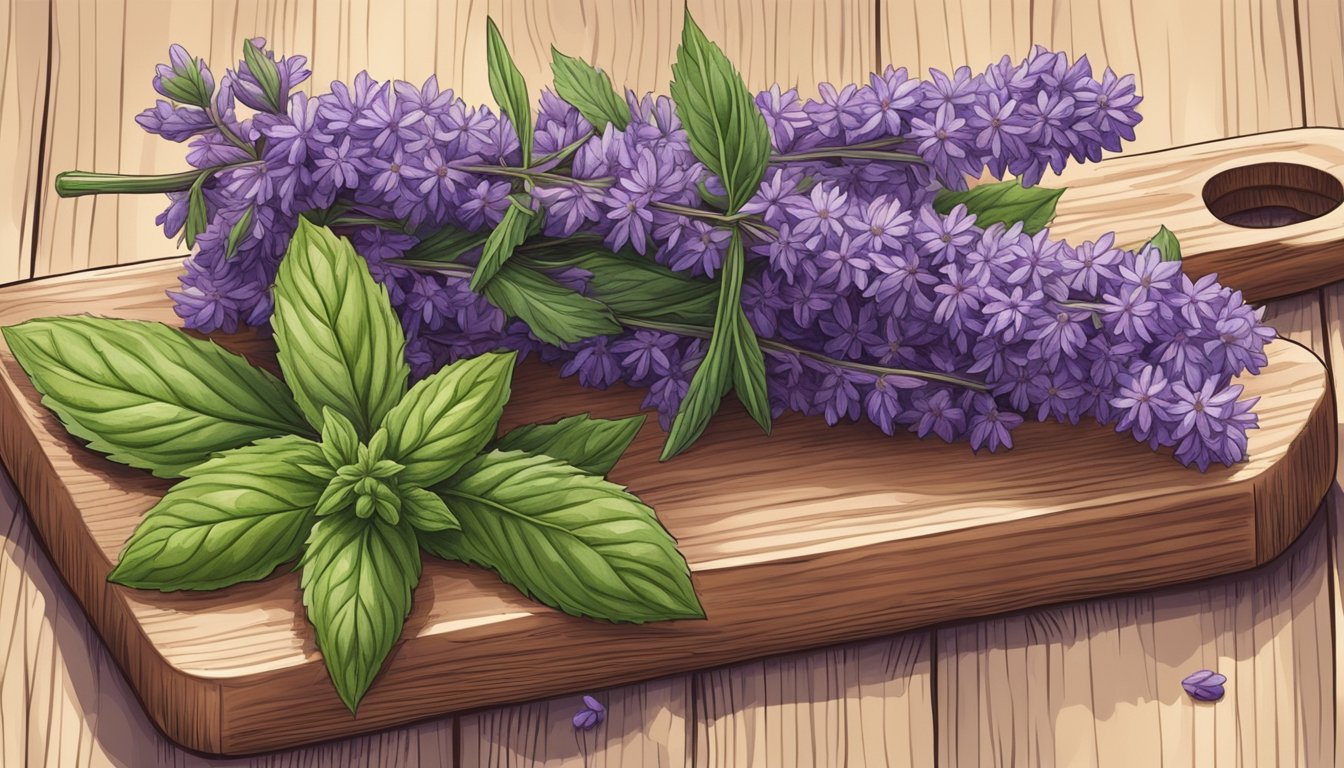 Illustration of purple flowers and green leaves on a wooden cutting board.