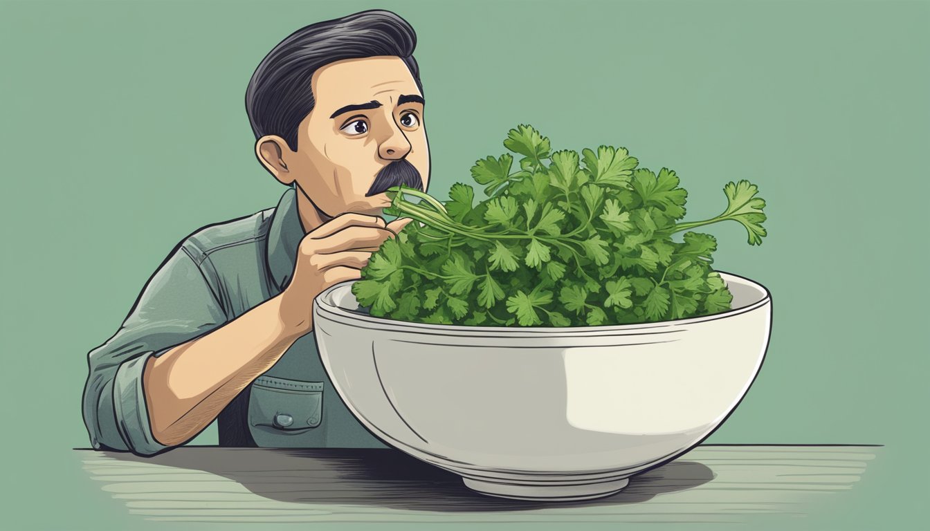 Illustration of a person smelling a bowl of cilantro.