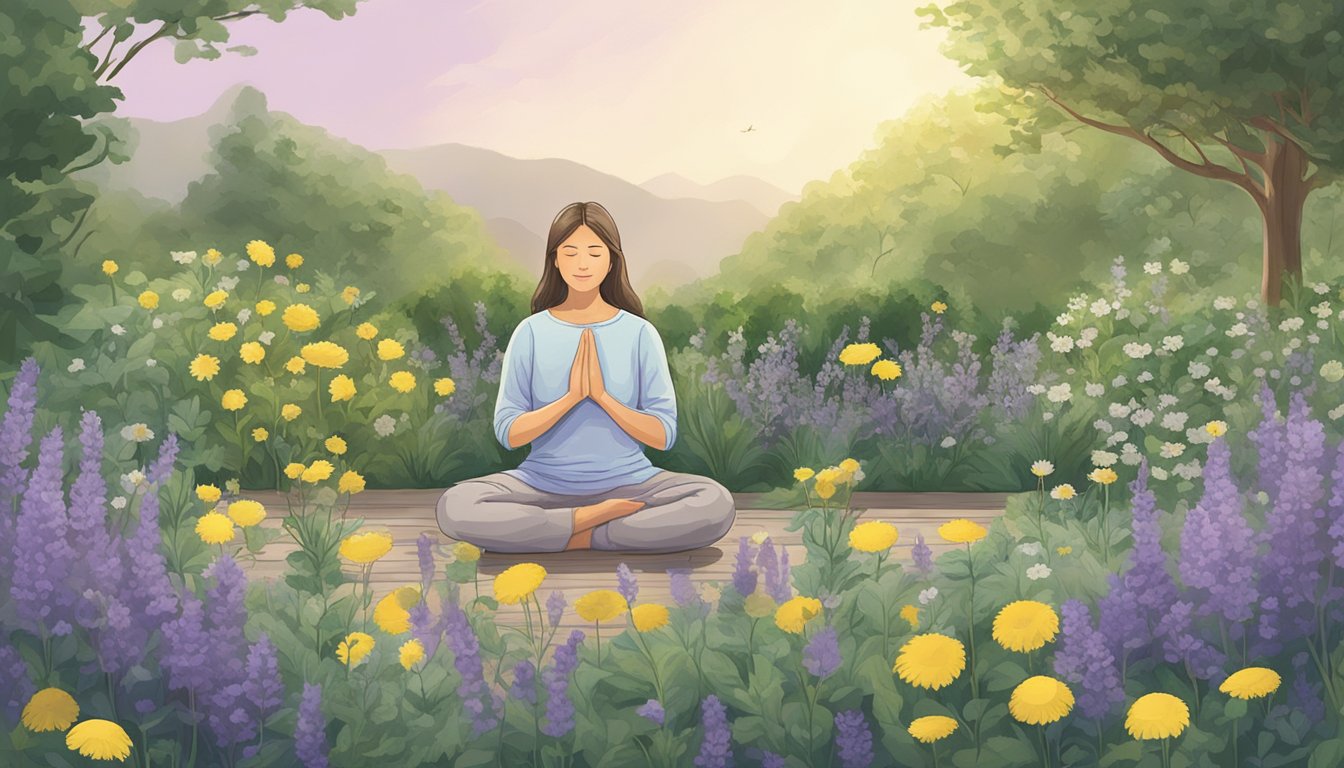 A person meditating amidst a serene and colorful garden of blooming flowers, symbolizing peace and relaxation.