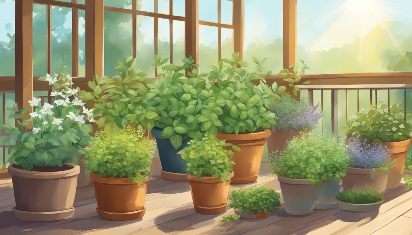 Illustration of various potted herbs on a wooden deck with a beautiful view of nature in the background.