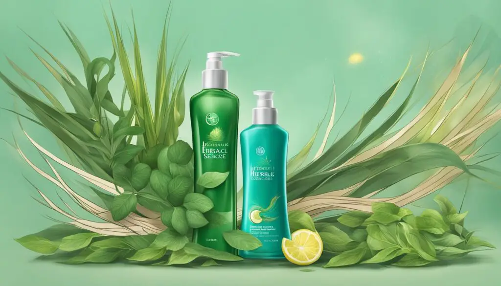 Two bottles of Herbal Essences shampoo and conditioner surrounded by lush green leaves and a sliced lemon, against a soft green background.