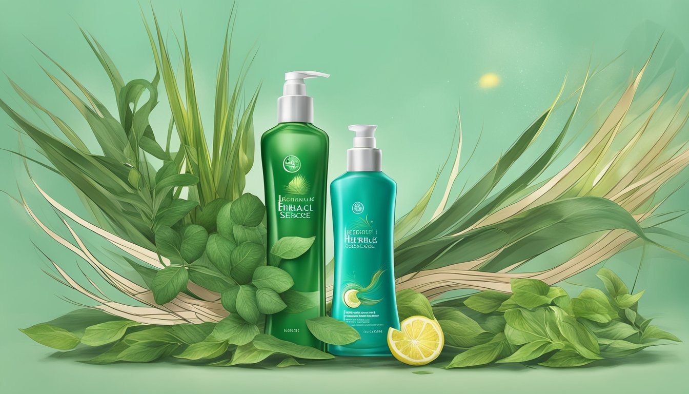 Two bottles of Herbal Essences shampoo and conditioner surrounded by lush green leaves and a sliced lemon, against a soft green background.