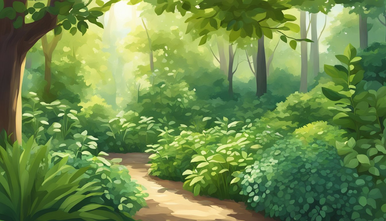 A digital illustration of a shaded garden with a path winding through it.