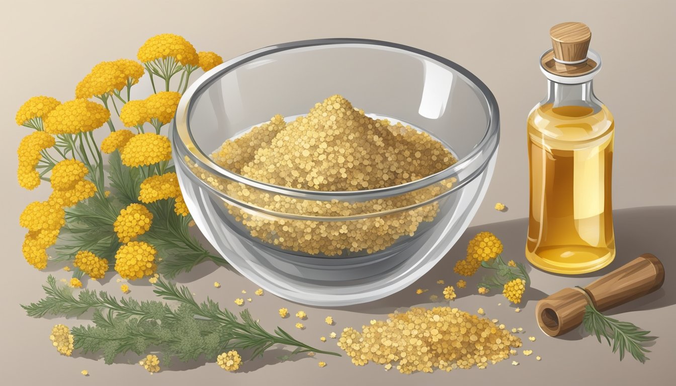 Illustration of a bowl of yellow flowers, a jar of oil, and a dropper bottle.