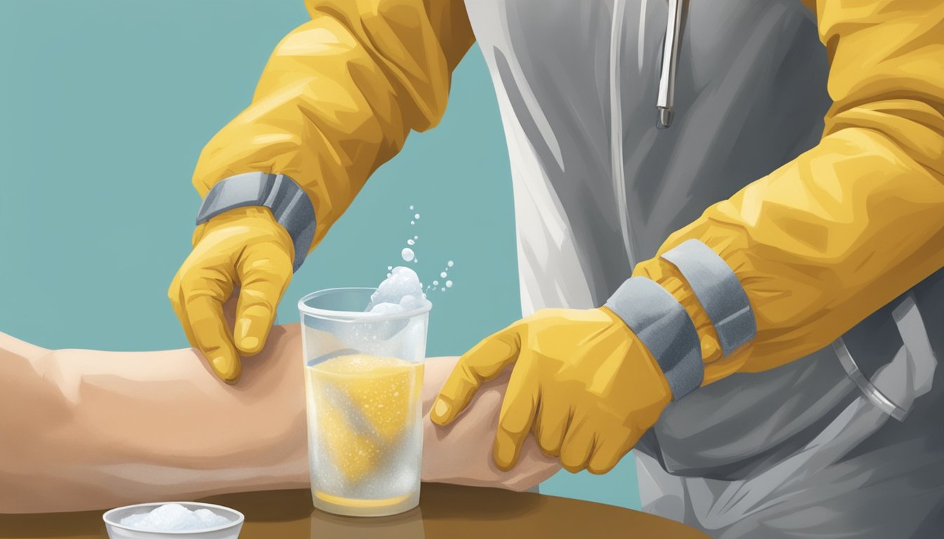 An illustration of a person treating a yellow jacket sting with a home remedy.