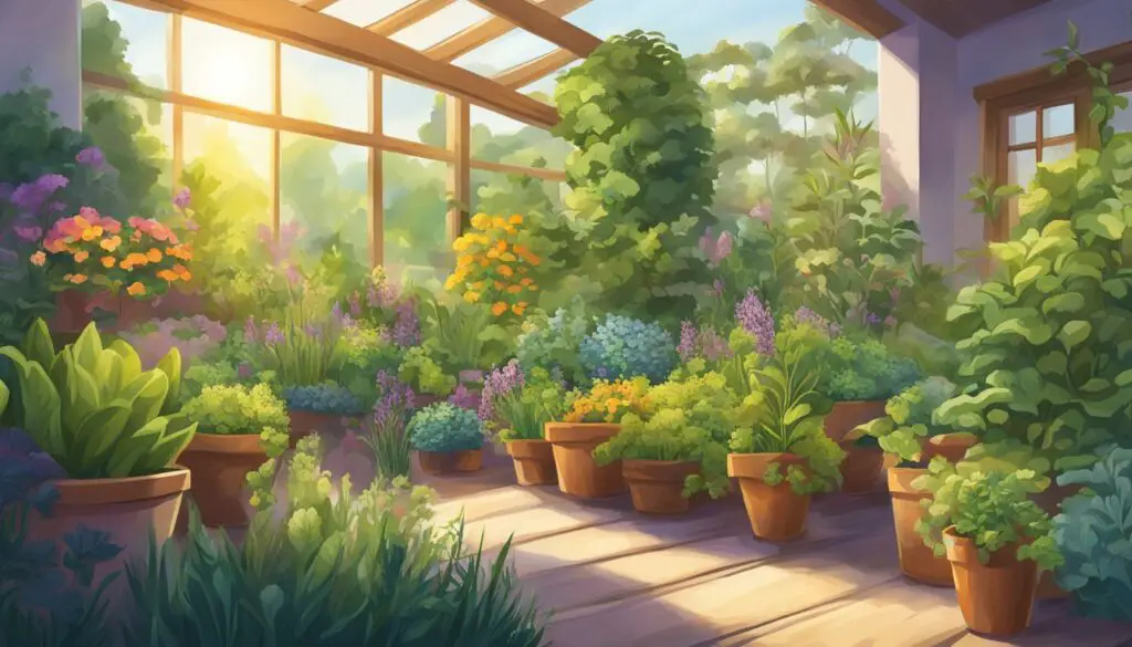 A lush greenhouse filled with a variety of vibrant, blooming plants bathed in the warm glow of sunlight.