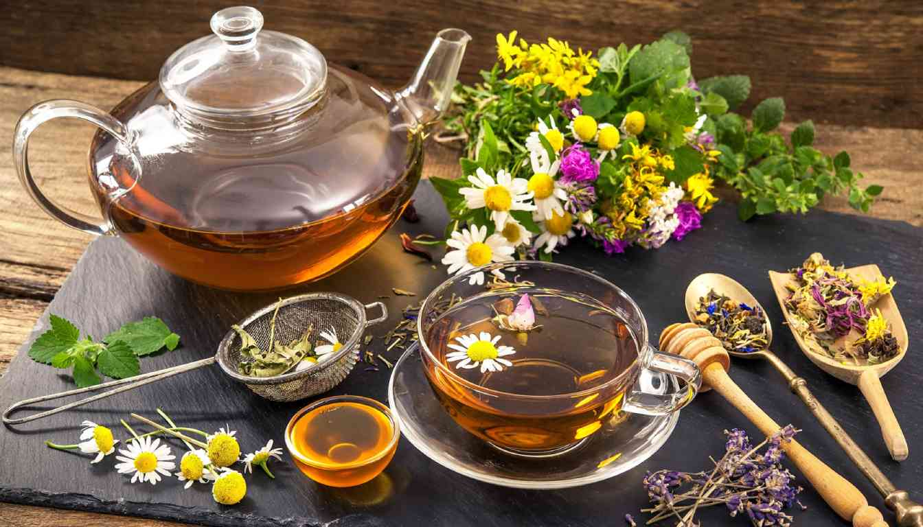 A glass teapot and cup filled with amber-colored herbal tea, surrounded by various fresh and dried herbs and flowers on a wooden table, suggesting natural remedies for viral infections.