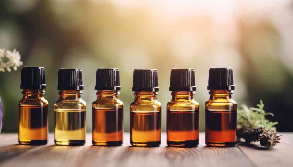 A row of six small amber glass bottles with black caps, each containing different shades of herbal oils, placed on a wooden surface with a blurred natural background.