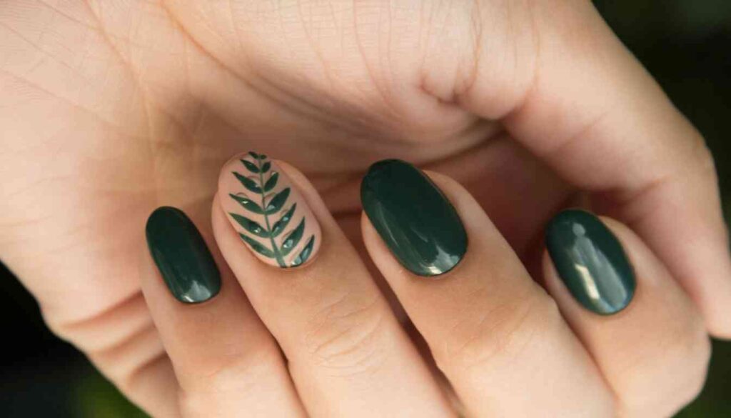 A close-up of a hand with manicured nails. Four nails are painted a glossy dark green, and one nail has a nude base with a dark green leaf design.