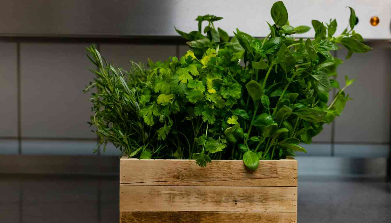 A wooden planter box filled with a variety of lush green herbs, including parsley and basil, placed indoors for winter growth.