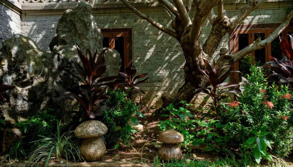 A serene garden showcasing a variety of shade plants and herbs, with large leafy plants dominating the foreground against a backdrop of traditional stone architecture.