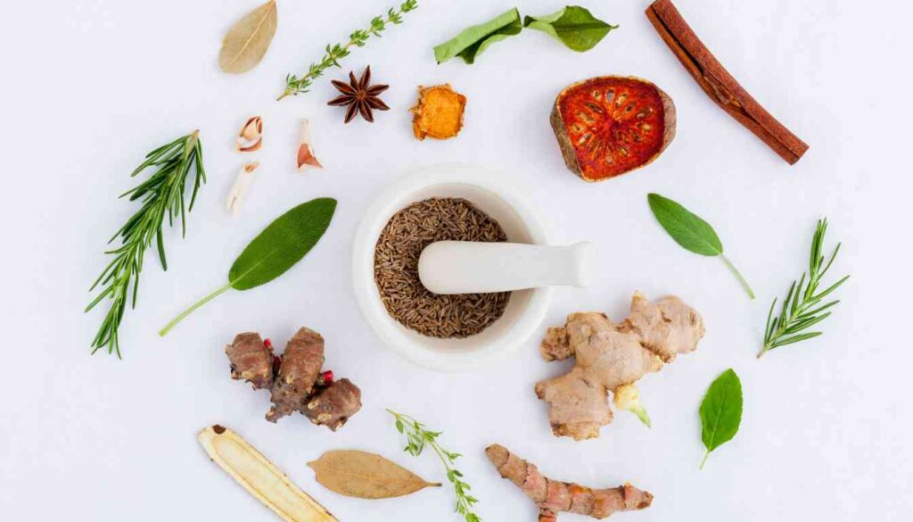 A variety of herbs and spices arranged around a mortar and pestle filled with cumin seeds.