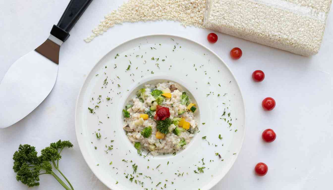 A bowl of creamy herb risotto garnished with fresh herbs and grated Parmesan cheese.