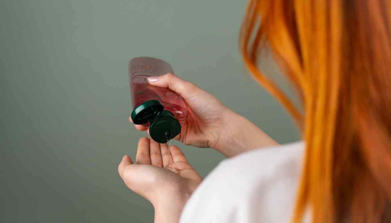 A person with orange hair is pouring shampoo from a pink bottle with a green cap into their hand.