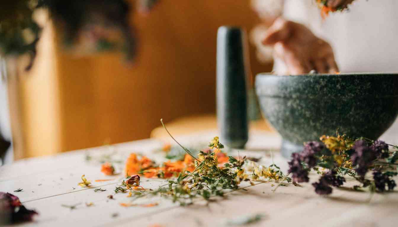 A person preparing herbal remedies with a mortar and pestle, surrounded by various dried herbs and flowers on a wooden table.