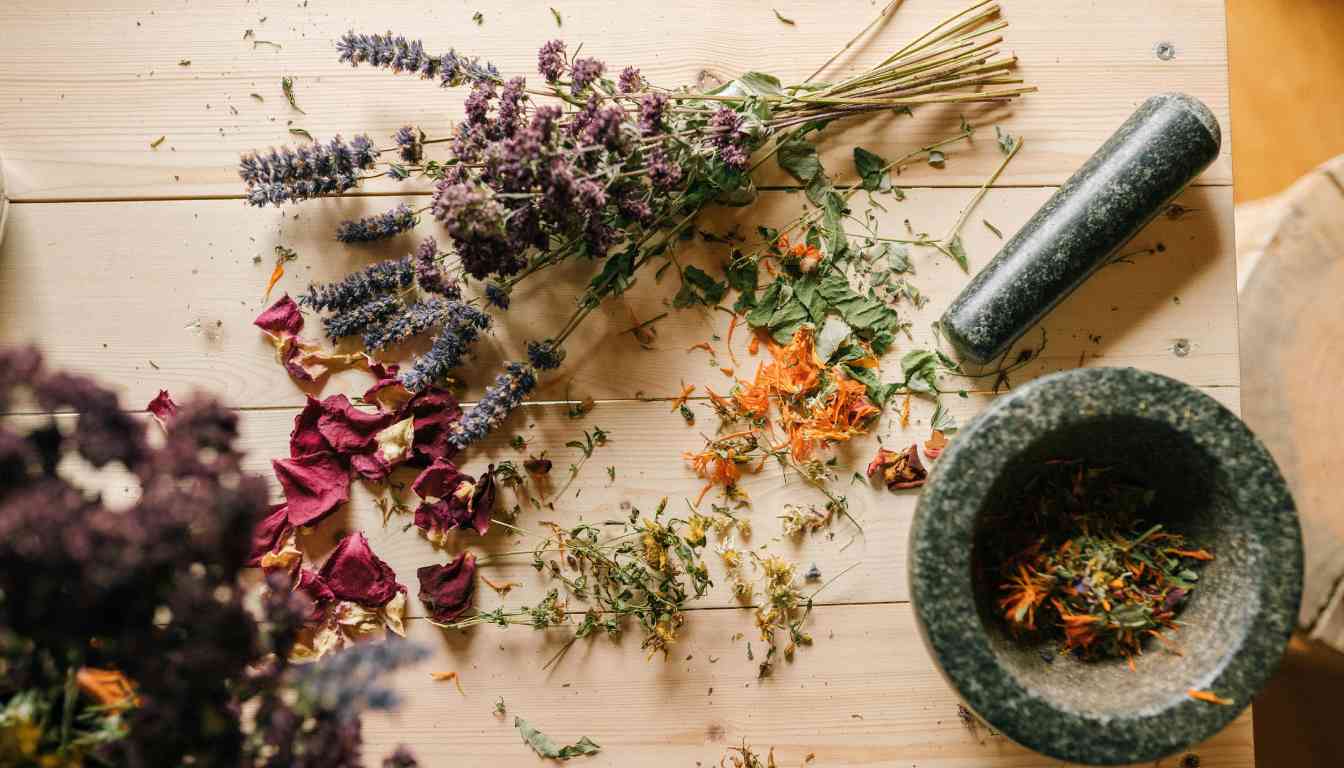 A variety of dried herbs scattered on a wooden surface with a mortar and pestle, suggesting preparation for making a tincture.