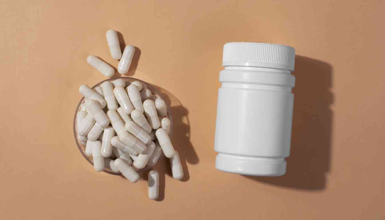 A white bottle of capsules next to a small glass bowl filled with white capsules, placed on a beige background.