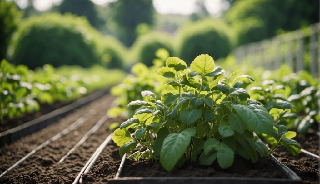 A close-up view of young herb plants growing in an outdoor garden bed, with rows of green foliage extending into the background.