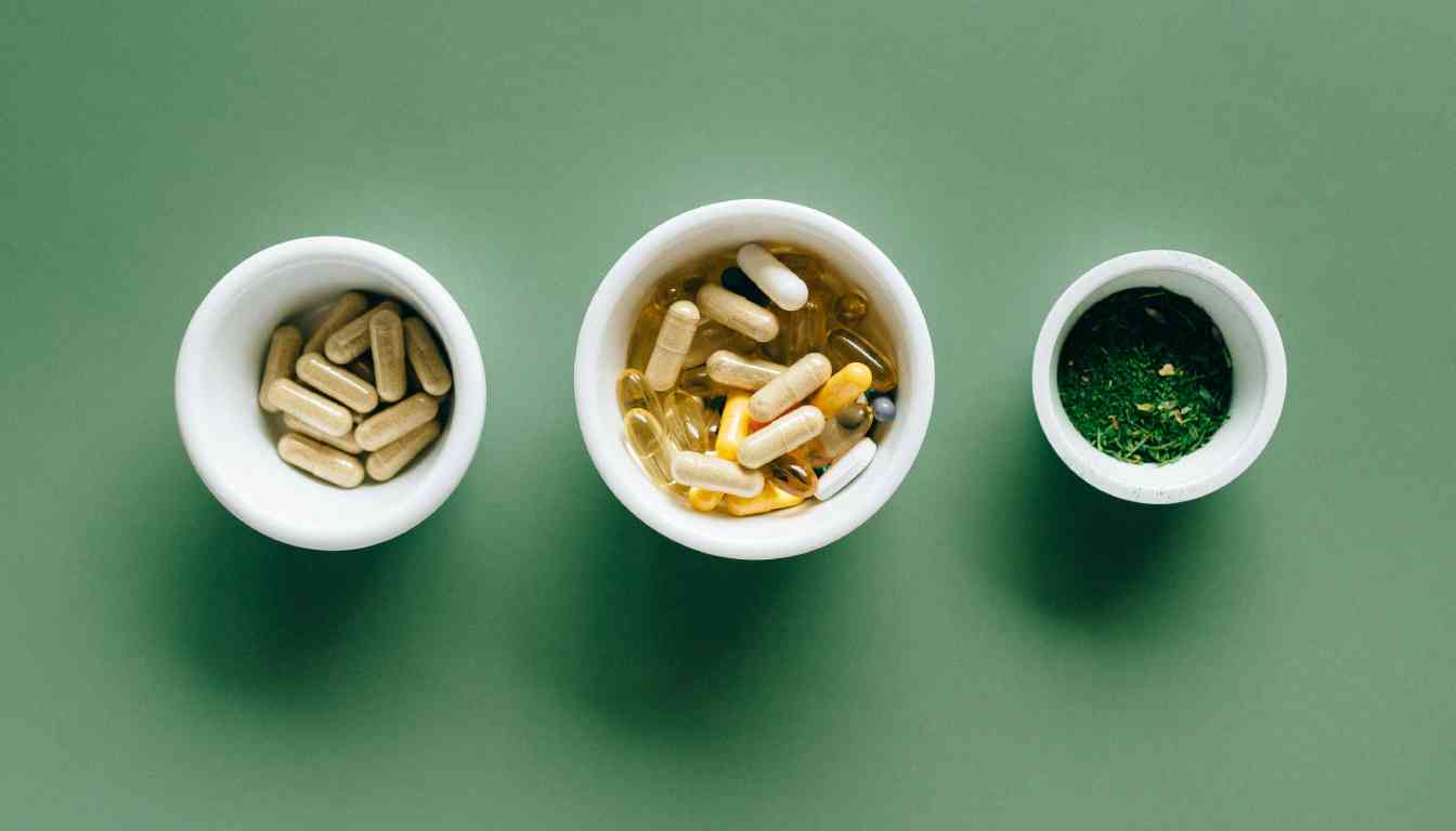 Three white bowls on a green background containing herbal supplements for weight loss.