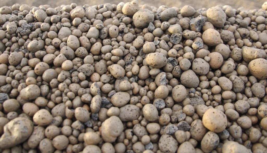 A close-up view of a pile of lightweight expanded clay aggregate (LECA) balls of various sizes.