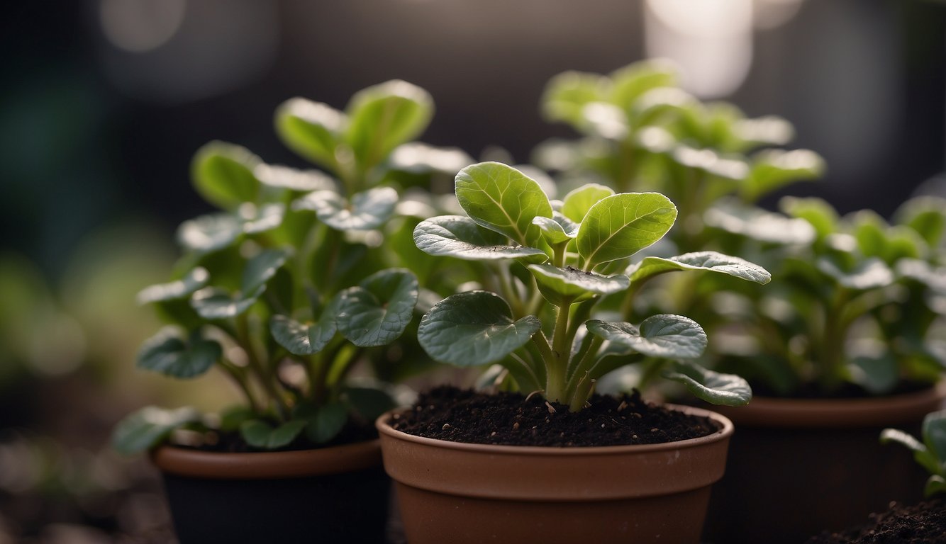 A close-up view of healthy green African Violet plants in brown pots.
