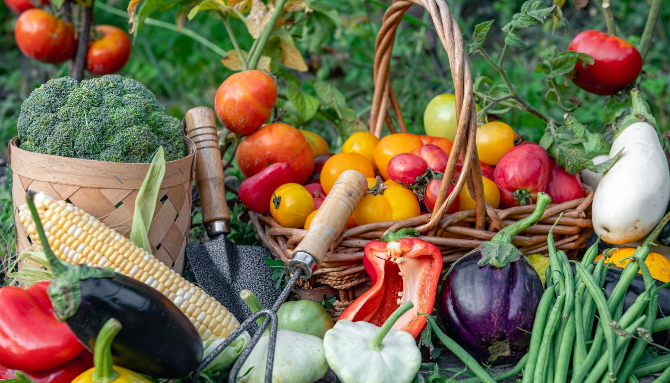 A variety of fresh vegetables including tomatoes, bell peppers, eggplant, corn, broccoli, and green beans arranged in a basket and on the ground, with gardening tools nearby.