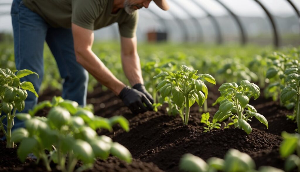 A person tending to young tomato plants in a greenhouse.