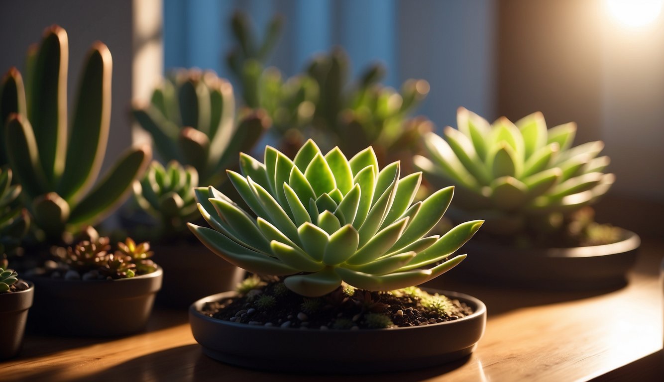A collection of succulents basking in the warm glow of sunlight, showcasing their vibrant green hues and intricate leaf patterns.