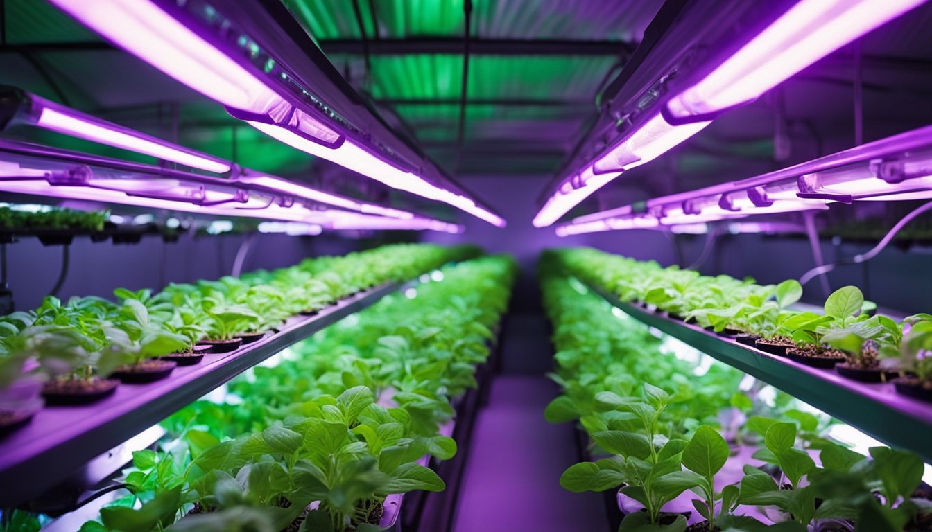 A hydroponic farm with rows of vibrant green herbs.