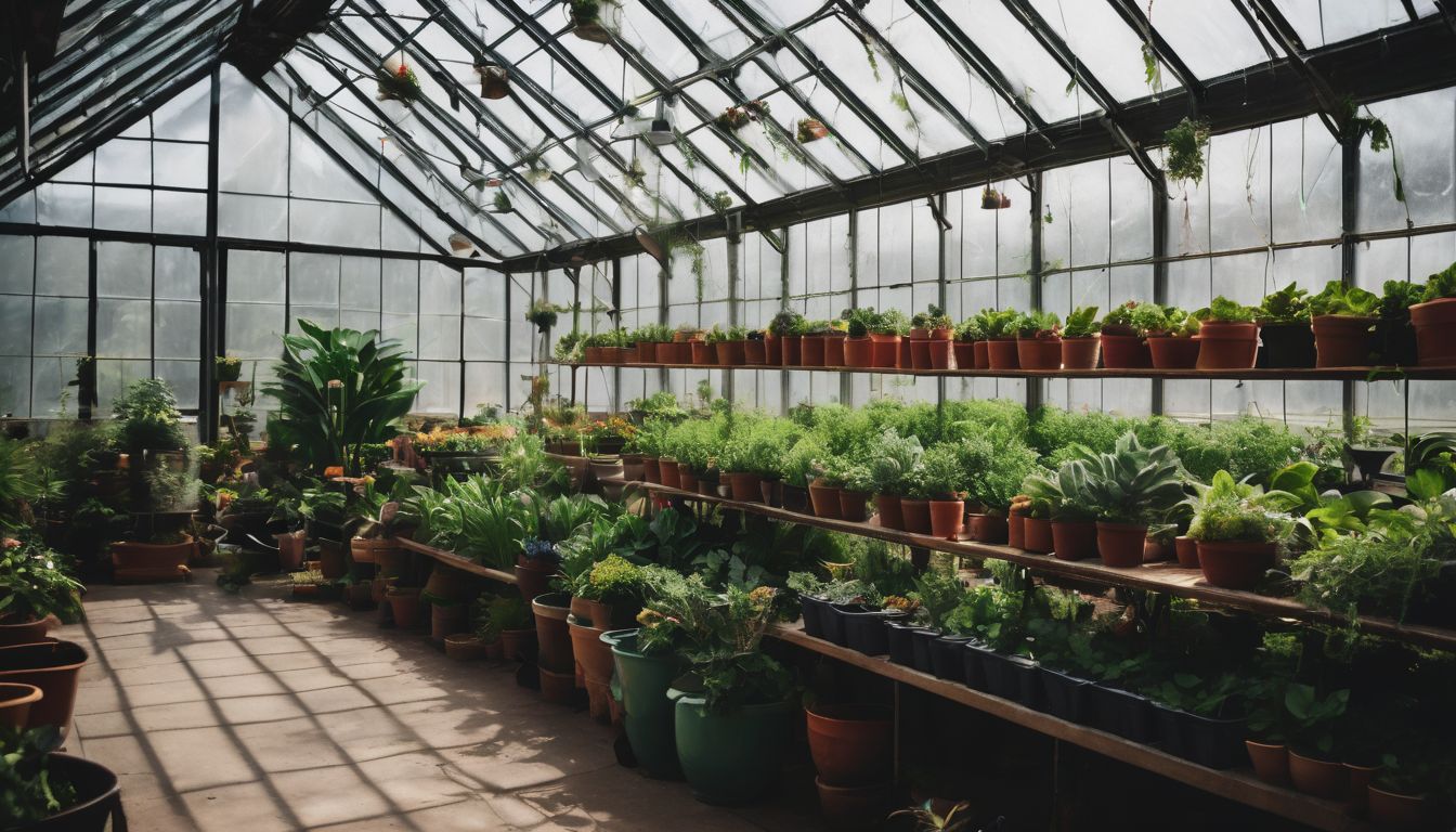 A variety of lush green plants thriving in an indoor greenhouse with a transparent ceiling.