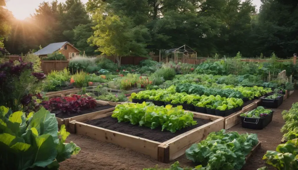 A lush garden with various types of plants growing in raised wooden beds, bathed in the soft glow of the morning sun.