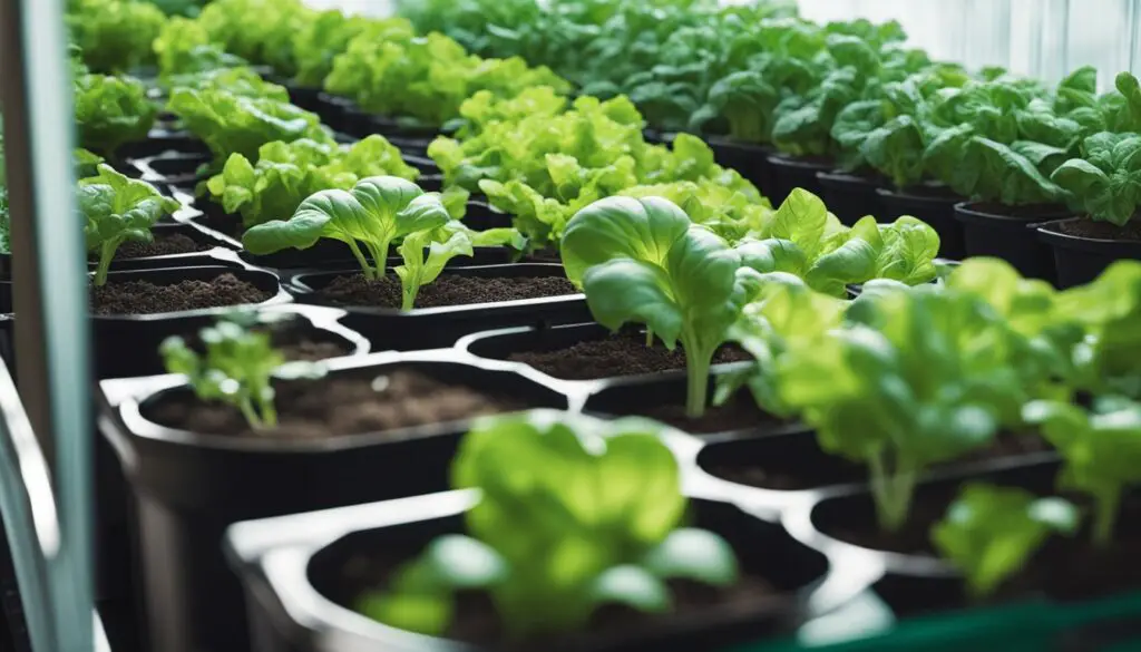 A variety of healthy green plants growing in black pots using the Kratky Method, displayed in a greenhouse.