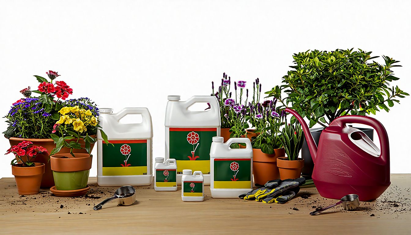 A variety of flowering plants and gardening supplies, including liquid fertilizers, hand tools, and measuring scoops, arranged on a wooden surface in a vibrant garden setting.
