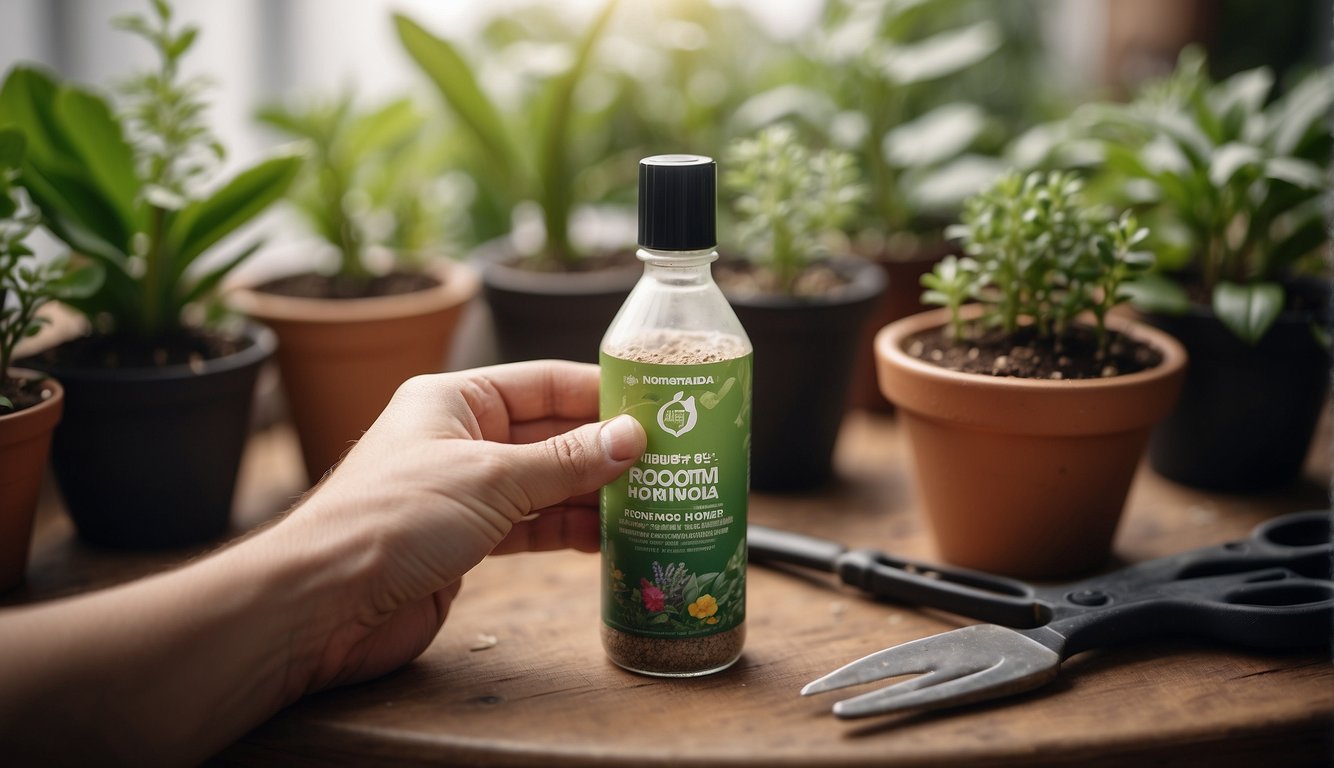 A hand holding a bottle of rooting hormone powder with potted plants in the background.