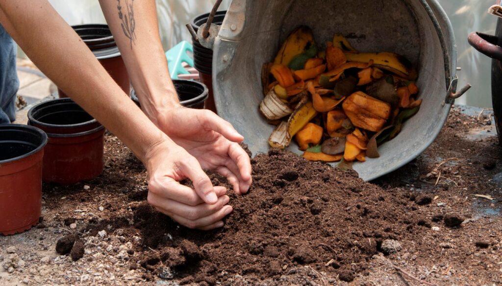 Hands mixing compost soil beside a container filled with organic kitchen scraps like banana and orange peels.