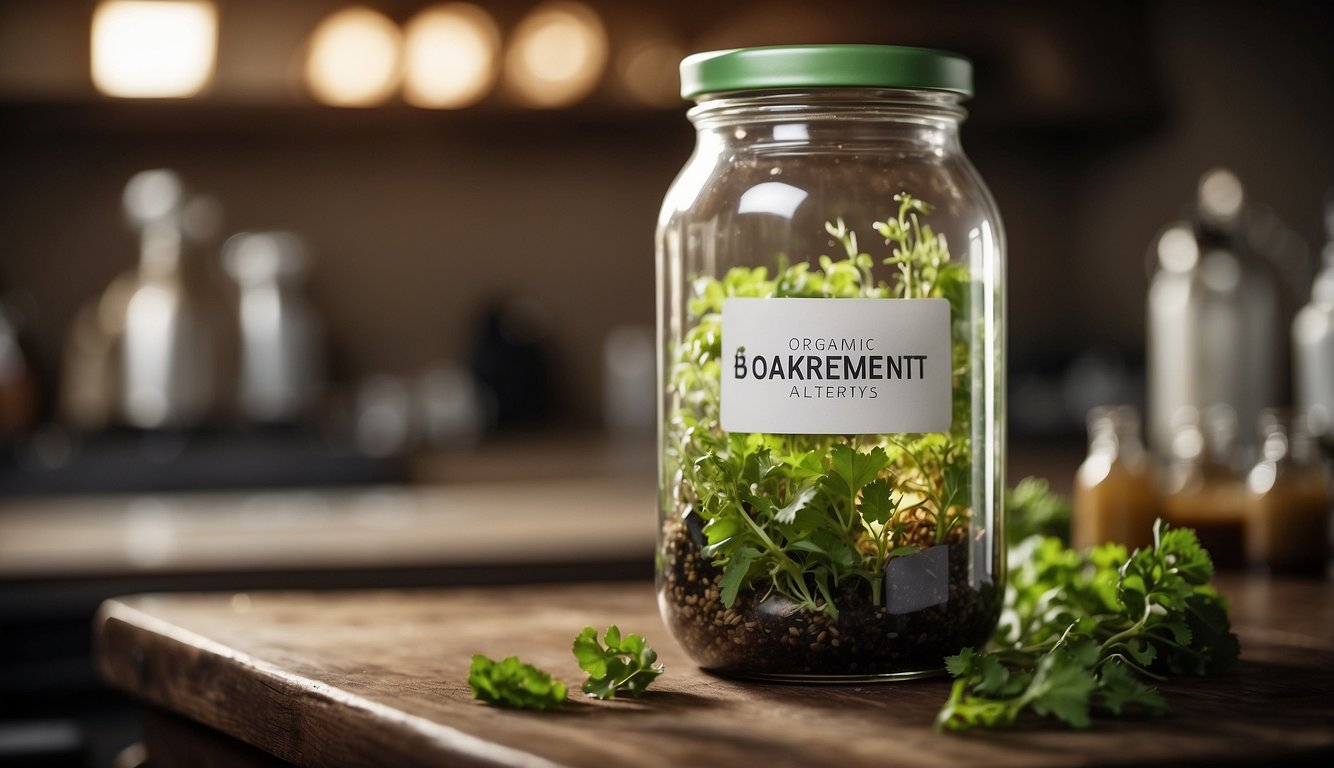 A jar of Organic Bokarementt Alteritys, a Bokashi ferment alternative, sits on a wooden counter surrounded by fresh herbs and other jars.