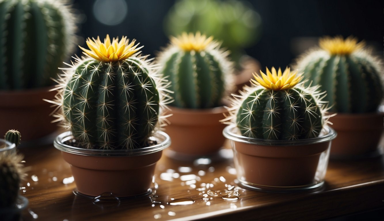 A group of cacti with bright yellow flowers in brown pots, indicating a healthy growth after successful scale treatment.