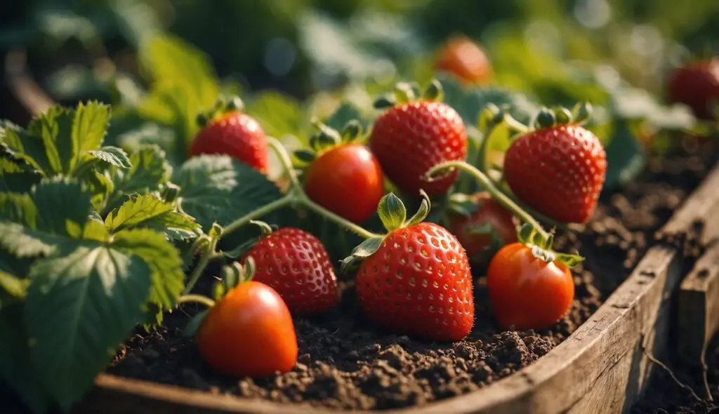 A garden bed with ripe strawberries and tomatoes growing together, illuminated by sunlight.