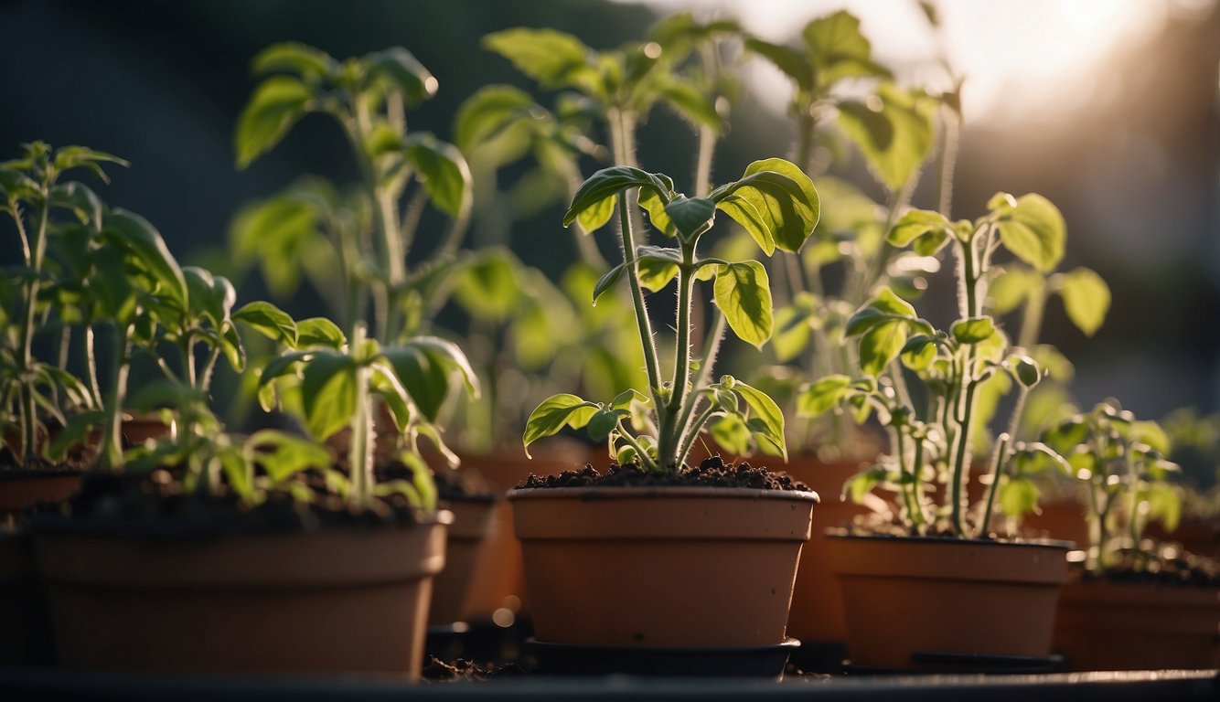 Young tomato plants growing in pots, bathed in sunlight.