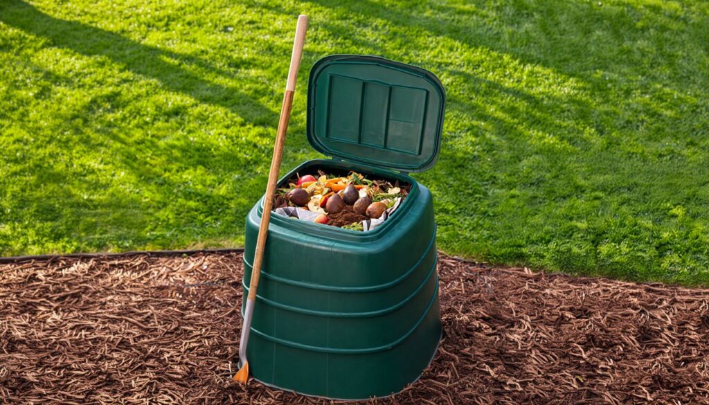 An open green compost bin outdoors filled with avocado pits, fruit and vegetable scraps, eggshells, and other organic waste.