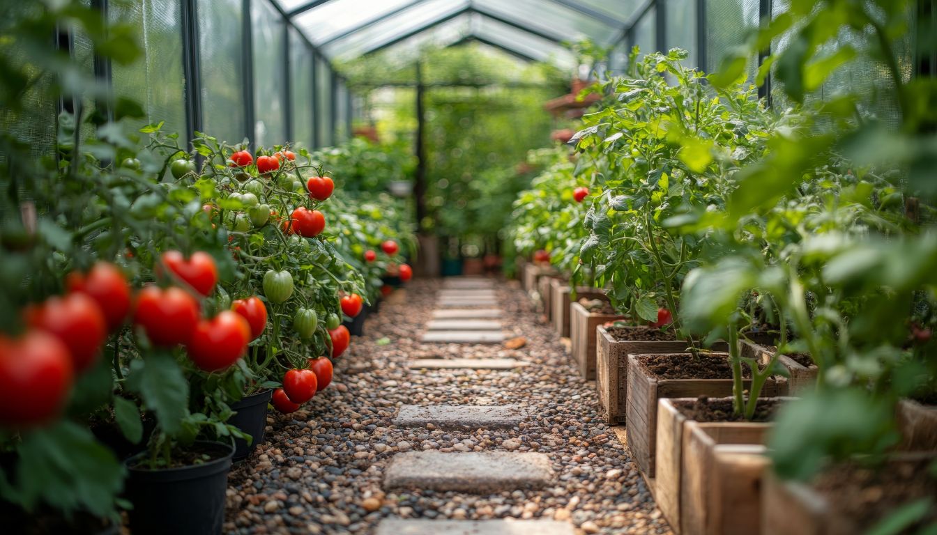 Close-up of a tomato plant with both ripe and unripe tomatoes growing on the vine, supported by green stakes in a garden.