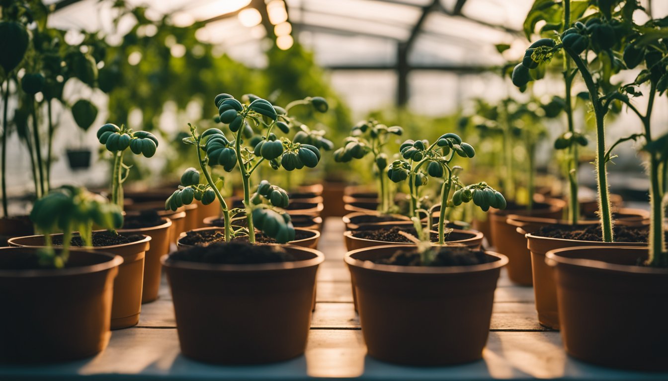 A series of young tomato plants in brown pots, bathed in the soft glow of sunlight inside a greenhouse.