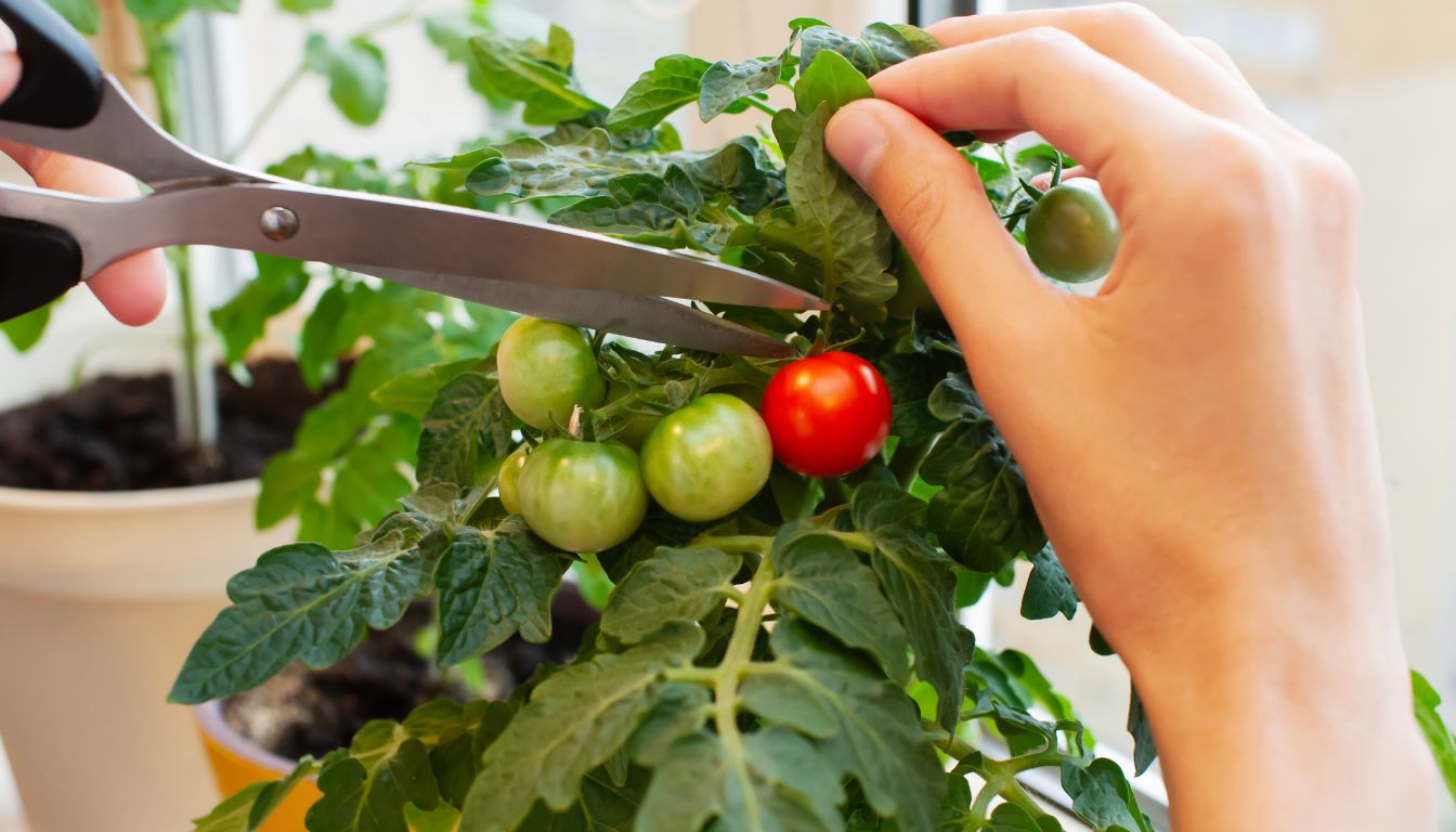 Person pruning a tomato plant with scissors, surrounded by ripe and unripe tomatoes in a container garden.