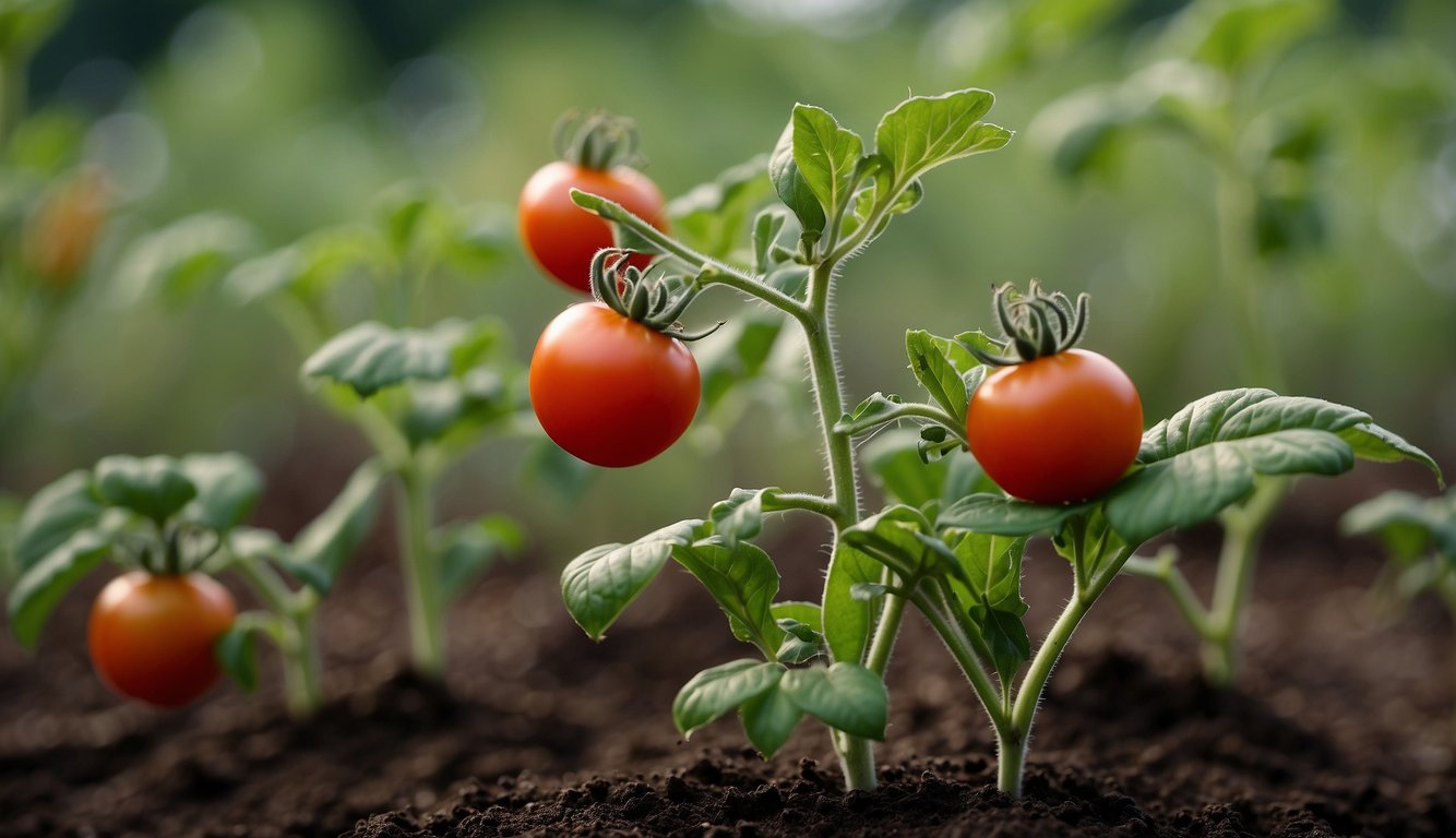 A close-up view of healthy tomato plants with ripe red tomatoes, green leaves, and stems growing in rich soil.