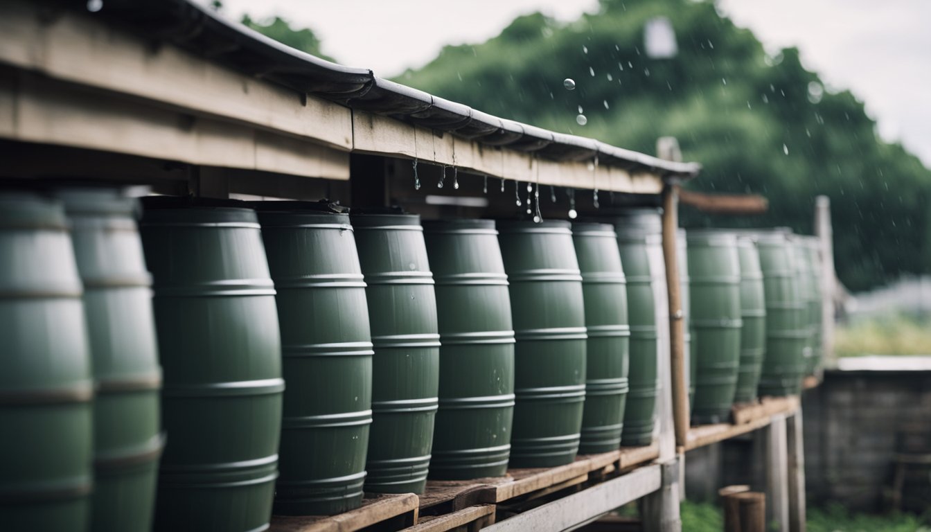 A row of green barrels lined up beneath a roof edge, collecting rainwater as it drips down.