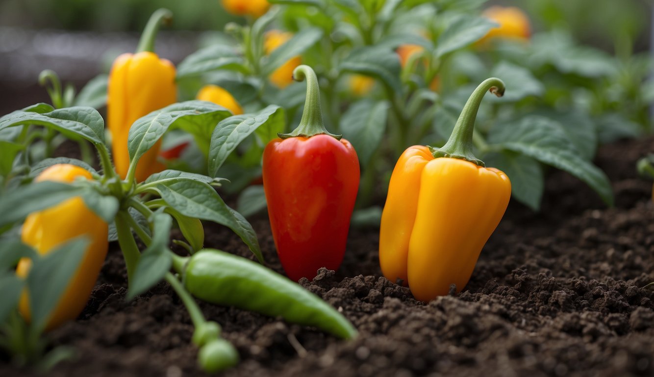 A variety of hot peppers growing in rich soil, surrounded by lush green leaves.