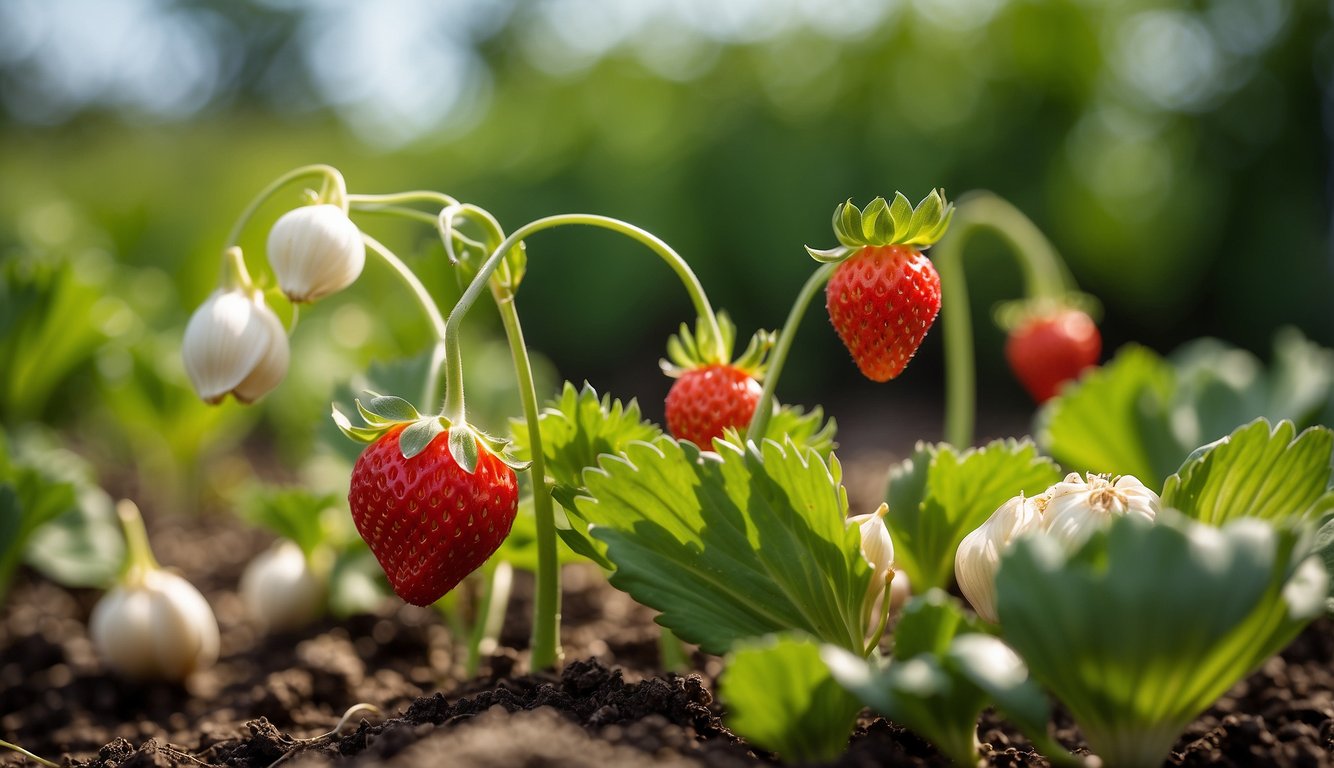 A garden scene showing strawberries with bright red, ripe fruits and white flowers growing alongside garlic plants with white bulbs, both rooted in rich brown soil.