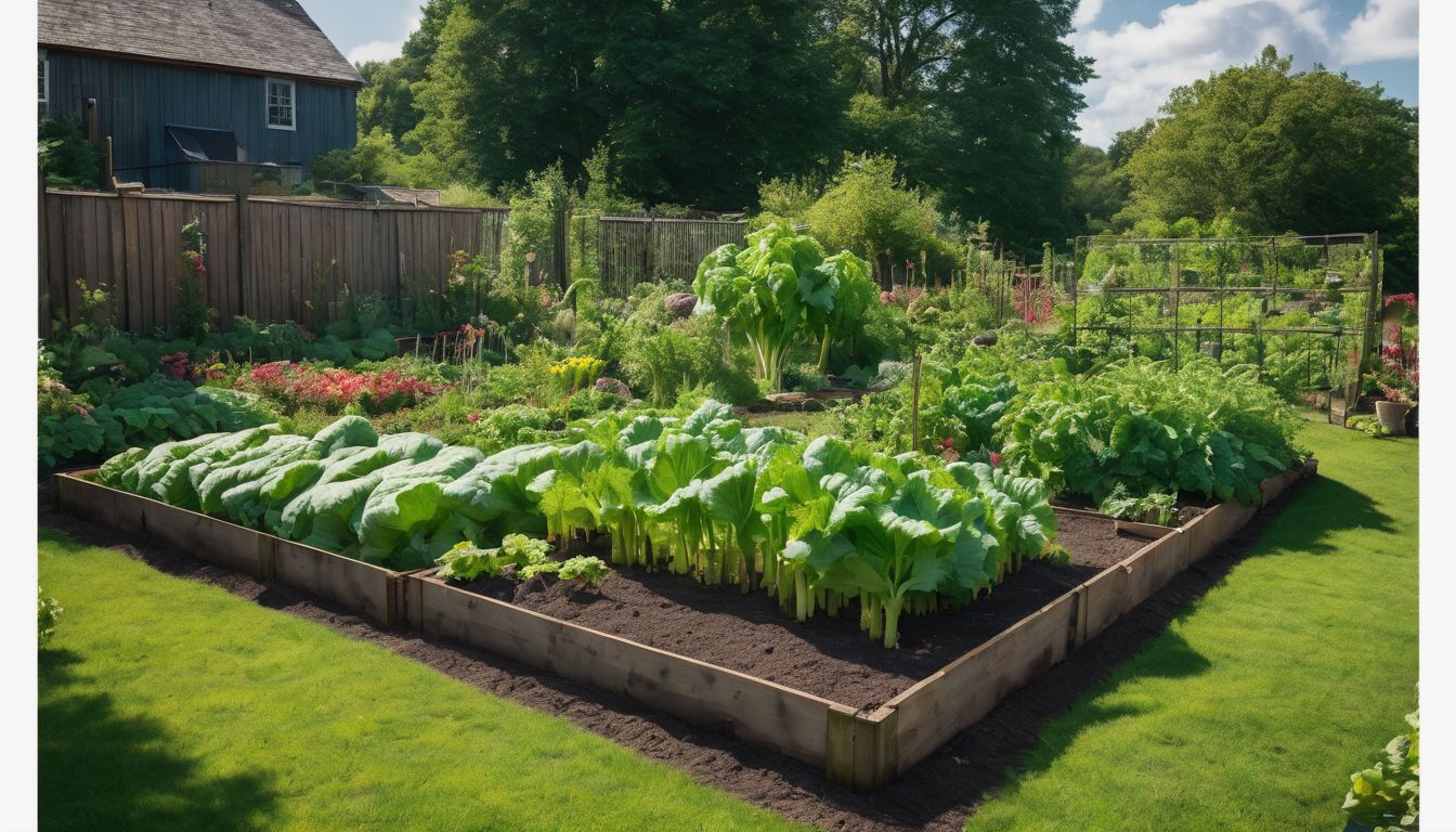 A lush garden with various green plants, including a bed of rhubarb, surrounded by a well-maintained lawn and wooden fence.